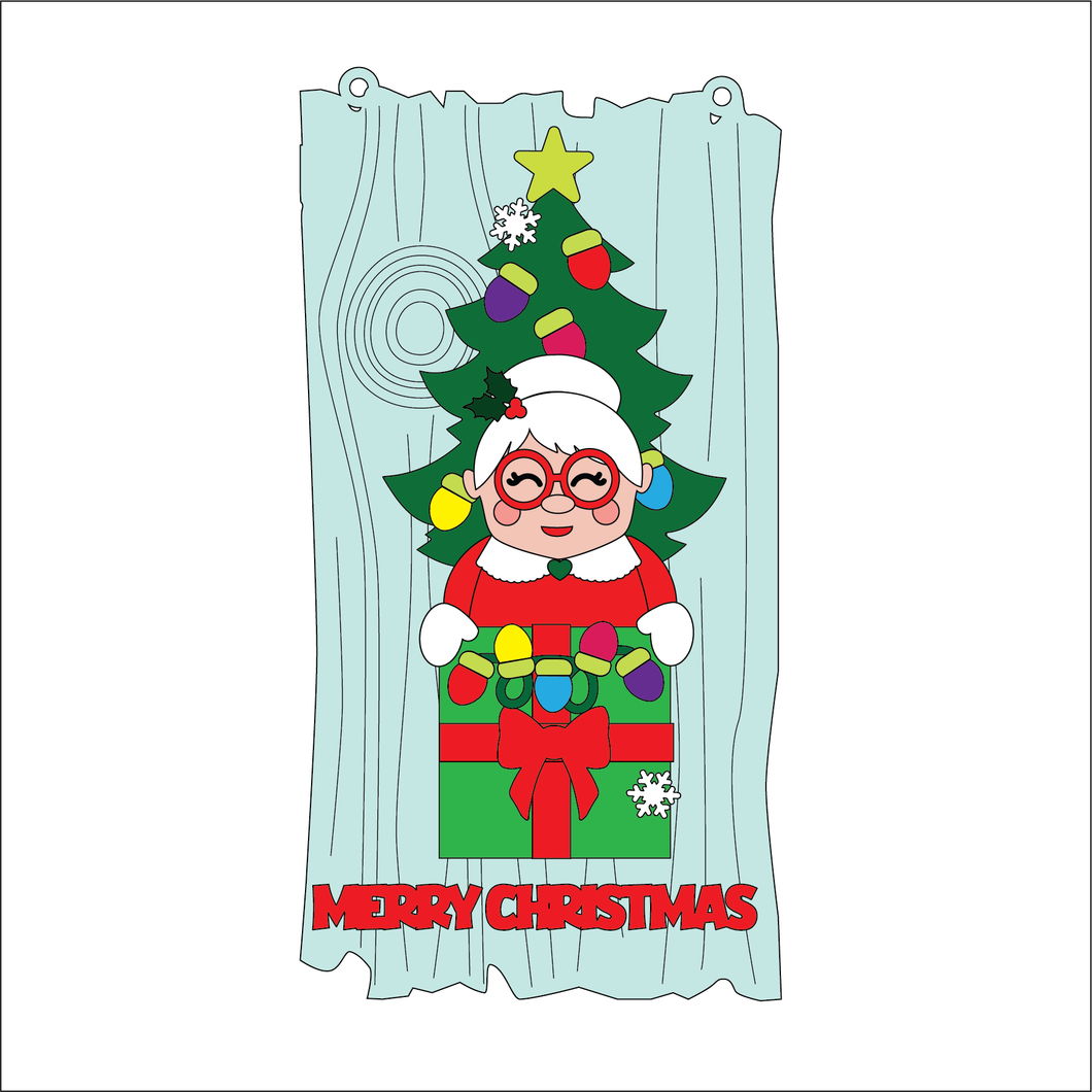 OL5384 - MDF Christmas Lights Tree Stacker Plaque with optional hanging holes - Driftwood Style backing - Mrs Claus - Olifantjie - Wooden - MDF - Lasercut - Blank - Craft - Kit - Mixed Media - UK