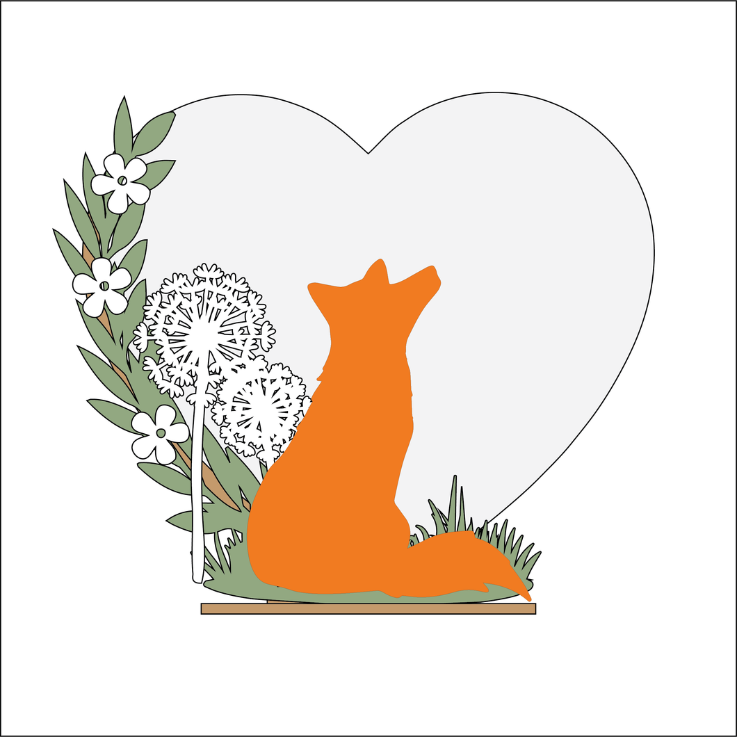 OL4910 - MDF Single Fox and Dandelion - Freestanding or Hanging/no holes - Acrylic white, or clear or MDF Heart - Olifantjie - Wooden - MDF - Lasercut - Blank - Craft - Kit - Mixed Media - UK