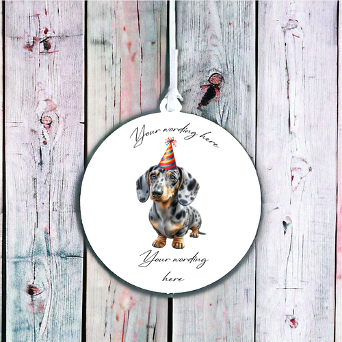 UV710 - Acrylic and UVDTF Personalised Round Hanging  - Dog Party Hat - 24 Silver Dappled Dachsund - Olifantjie - Wooden - MDF - Lasercut - Blank - Craft - Kit - Mixed Media - UK