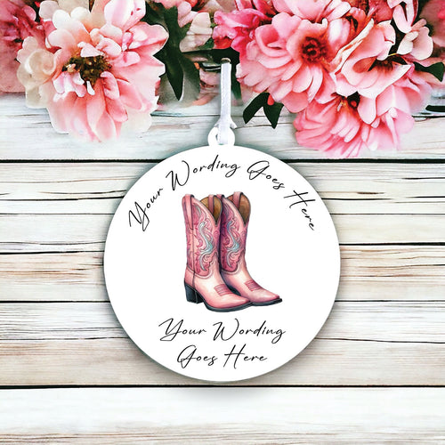 UV836 - Acrylic and UVDTF Personalised Round Hanging  - Cowboy Boots 1 - Olifantjie - Wooden - MDF - Lasercut - Blank - Craft - Kit - Mixed Media - UK