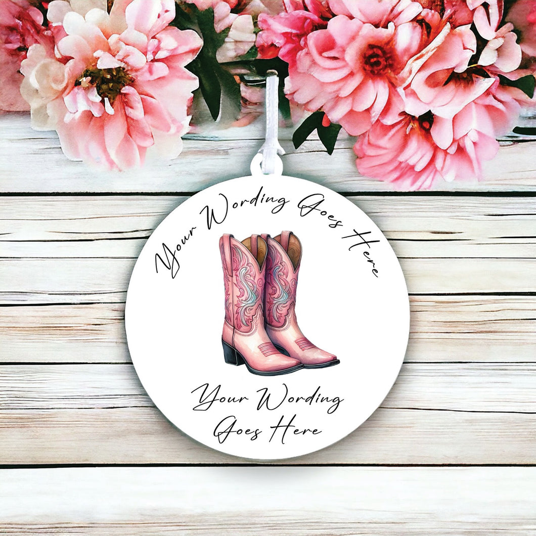 UV836 - Acrylic and UVDTF Personalised Round Hanging  - Cowboy Boots 1 - Olifantjie - Wooden - MDF - Lasercut - Blank - Craft - Kit - Mixed Media - UK