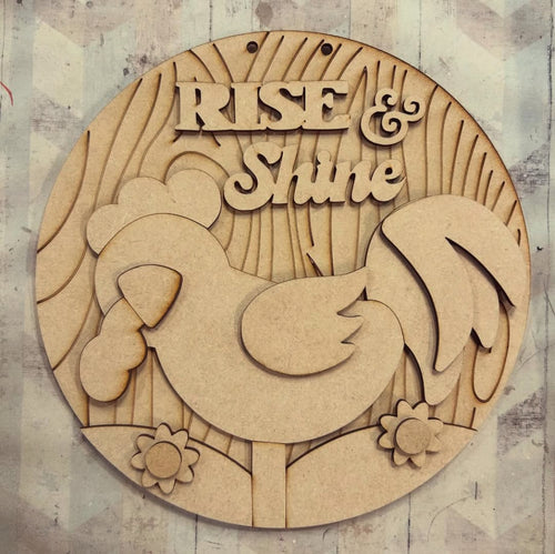 NO535 - MDF Large Round Rise and Shine Rooster Plaque - Olifantjie - Wooden - MDF - Lasercut - Blank - Craft - Kit - Mixed Media - UK