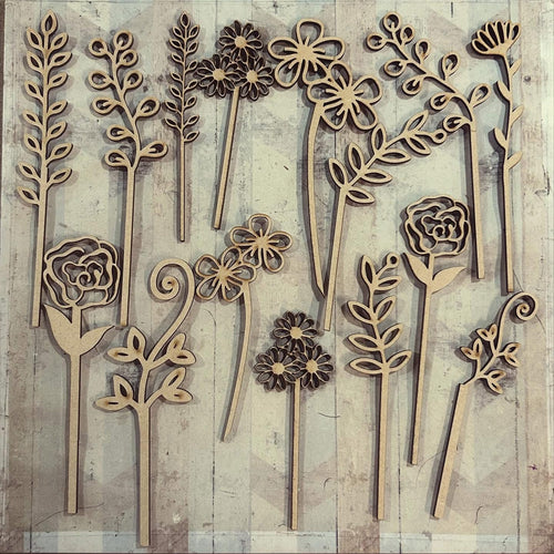 OL5980 - MDF Mixed Doodle Flowers Stems pack 1 - Olifantjie - Wooden - MDF - Lasercut - Blank - Craft - Kit - Mixed Media - UK