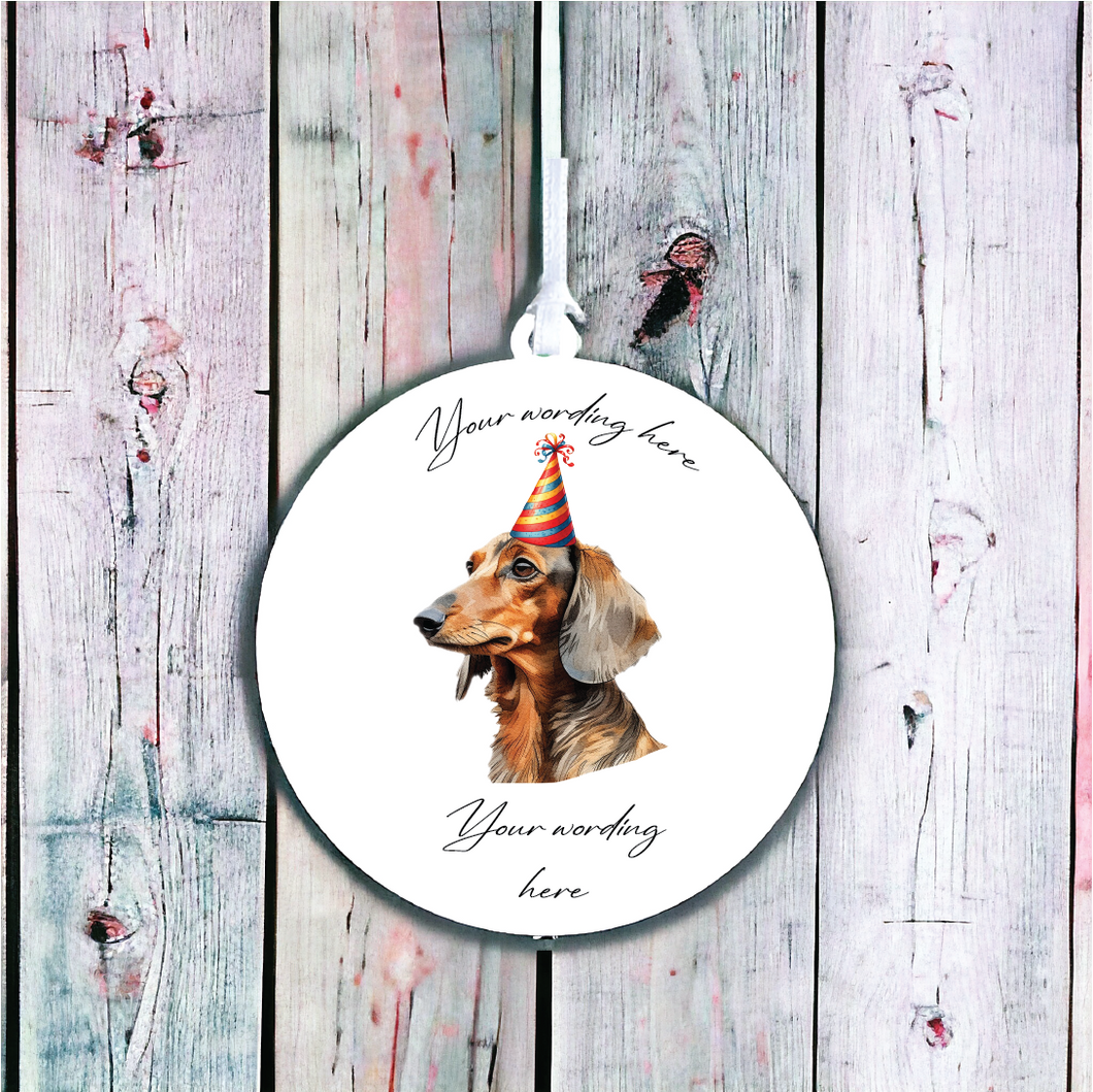 UV711 - Acrylic and UVDTF Personalised Round Hanging  - Dog Party Hat - 25 Dachshund - Olifantjie - Wooden - MDF - Lasercut - Blank - Craft - Kit - Mixed Media - UK