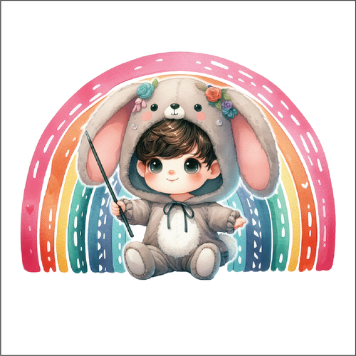 UV065 - UVDTF - Decal only Dress up child bunny rainbow - Olifantjie - Wooden - MDF - Lasercut - Blank - Craft - Kit - Mixed Media - UK