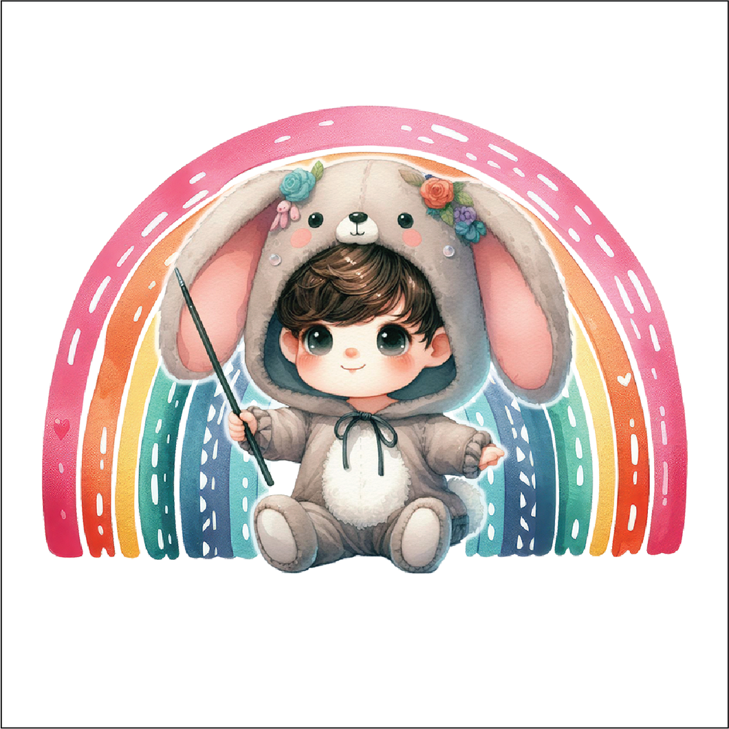 UV065 - UVDTF - Decal only Dress up child bunny rainbow - Olifantjie - Wooden - MDF - Lasercut - Blank - Craft - Kit - Mixed Media - UK