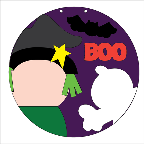 NO202 - MDF 2 Sizes Large Round Halloween Autumn Boo Witch Ghost Hanging Sign - Olifantjie - Wooden - MDF - Lasercut - Blank - Craft - Kit - Mixed Media - UK