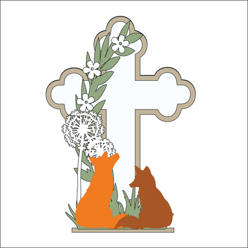 OL4918 - MDF and Acrylic Cross - Double Fox and Dandelion - Freestanding or Hanging/no holes - Acrylic white, or clear or MDF Cross - - Olifantjie - Wooden - MDF - Lasercut - Blank - Craft - Kit - Mixed Media - UK