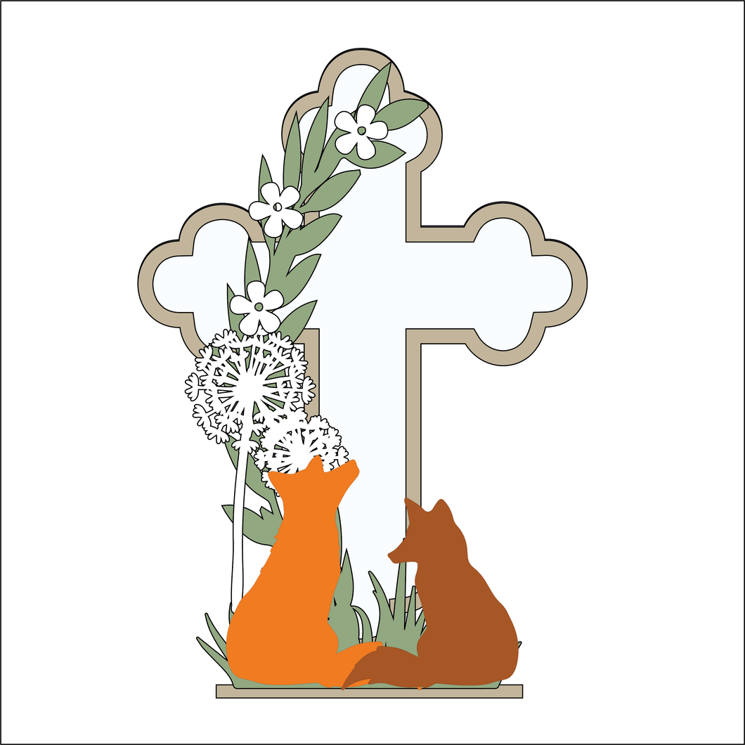 OL4918 - MDF and Acrylic Cross - Double Fox and Dandelion - Freestanding or Hanging/no holes - Acrylic white, or clear or MDF Cross - - Olifantjie - Wooden - MDF - Lasercut - Blank - Craft - Kit - Mixed Media - UK