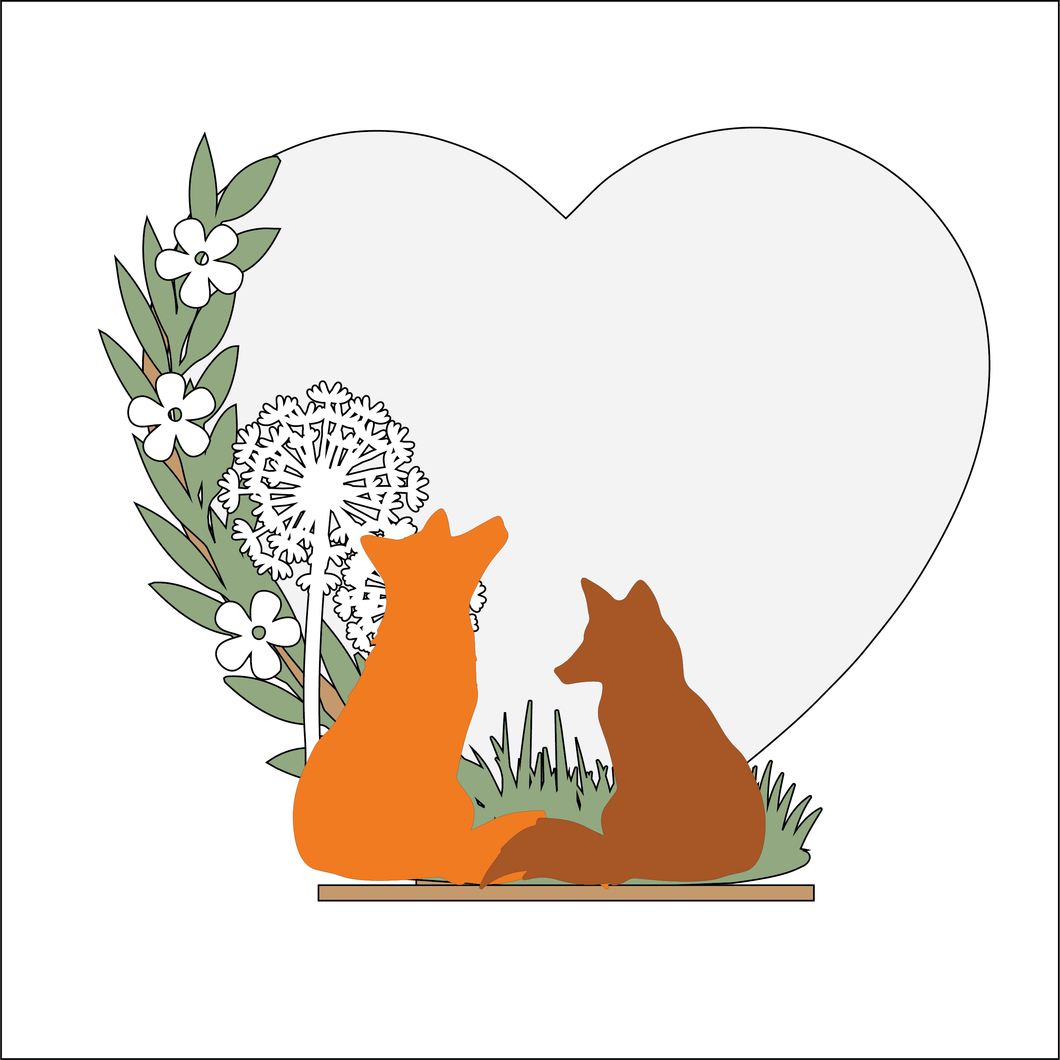 OL4911 - MDF Double Fox and Dandelion - Freestanding or Hanging/no holes - Acrylic white, or clear or MDF Heart - Olifantjie - Wooden - MDF - Lasercut - Blank - Craft - Kit - Mixed Media - UK