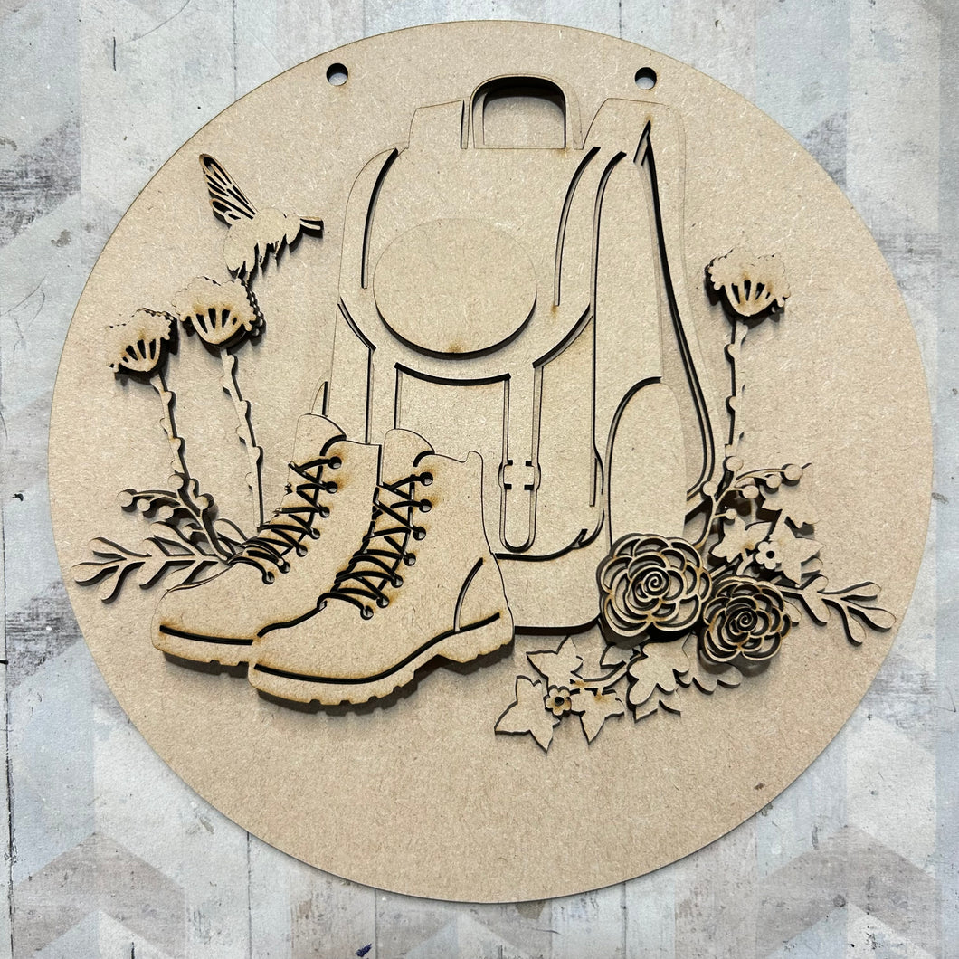 OL6081 - Large Circle Hiking Boots Rucksack Walking Scene Plaque