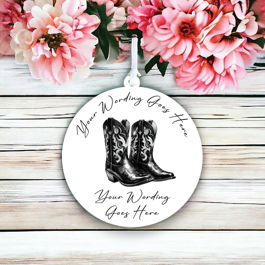 UV837 - Acrylic and UVDTF Personalised Round Hanging  - Cowboy Boots 2 - Olifantjie - Wooden - MDF - Lasercut - Blank - Craft - Kit - Mixed Media - UK