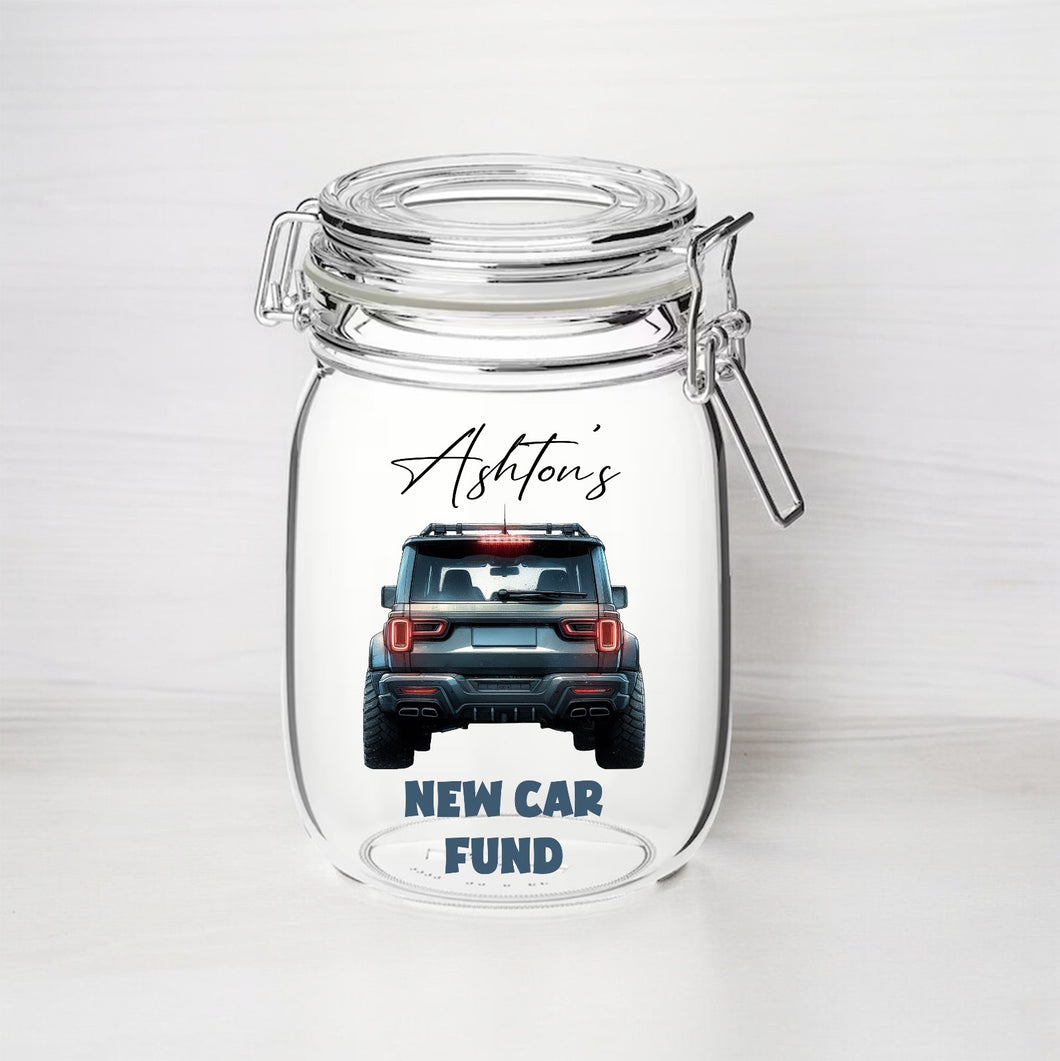 UV242 - Personalised Fund Jar UVDTF Decal - New Car Fund - Olifantjie - Wooden - MDF - Lasercut - Blank - Craft - Kit - Mixed Media - UK