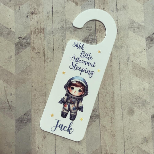 UV229 -  UVDTF Door Hanger Personalised decal with optional Acrylic Door Hanger - Shhh Little Astronaut Sleeping - Olifantjie - Wooden - MDF - Lasercut - Blank - Craft - Kit - Mixed Media - UK