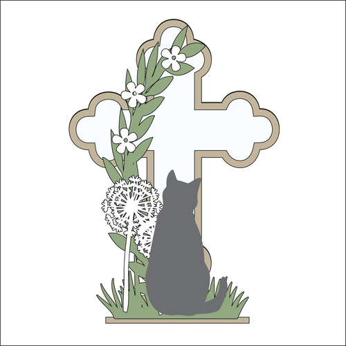 OL4919 - MDF and Acrylic Cross - Single Cat and Dandelion - Freestanding or Hanging/no holes - Acrylic white, or clear or MDF Cross - - Olifantjie - Wooden - MDF - Lasercut - Blank - Craft - Kit - Mixed Media - UK