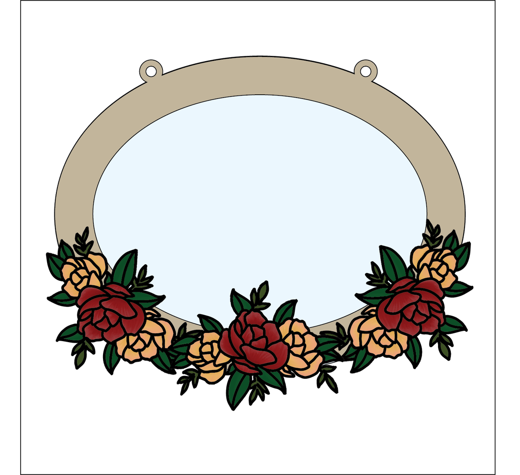 OV014 - MDF Oval Floral Flower Themed Photo Frame With Hanging - Style 1 - Olifantjie - Wooden - MDF - Lasercut - Blank - Craft - Kit - Mixed Media - UK