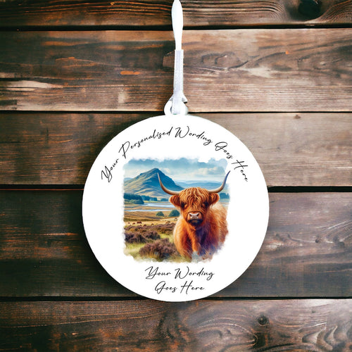 UV880 - Acrylic and UVDTF Personalised Round Hanging  - Highland Cow 14 - Olifantjie - Wooden - MDF - Lasercut - Blank - Craft - Kit - Mixed Media - UK