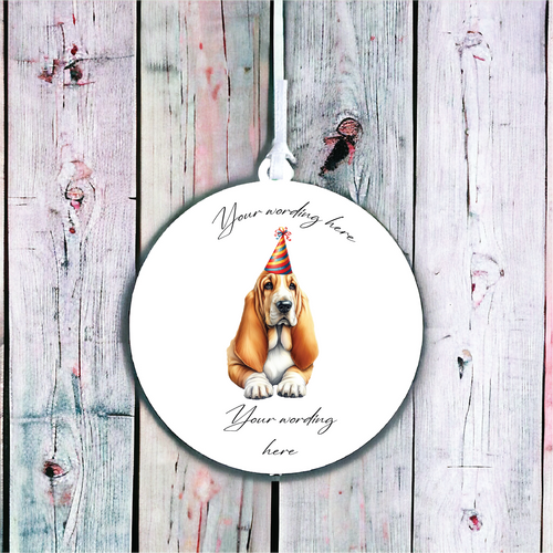 UV689 - Acrylic and UVDTF Personalised Round Hanging  - Dog Party Hat -2 Basset - Olifantjie - Wooden - MDF - Lasercut - Blank - Craft - Kit - Mixed Media - UK