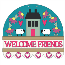 NO756 - MDF Large Welcome Friends House Sheep Flower Hanging Plaque - Olifantjie - Wooden - MDF - Lasercut - Blank - Craft - Kit - Mixed Media - UK
