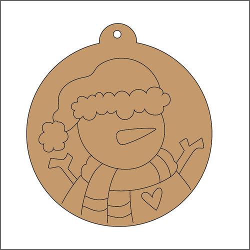 NO223 - MDF 2 Sizes  Christmas Hanging Bauble - Engraved Round Christmas Snowman Scarf - Olifantjie - Wooden - MDF - Lasercut - Blank - Craft - Kit - Mixed Media - UK