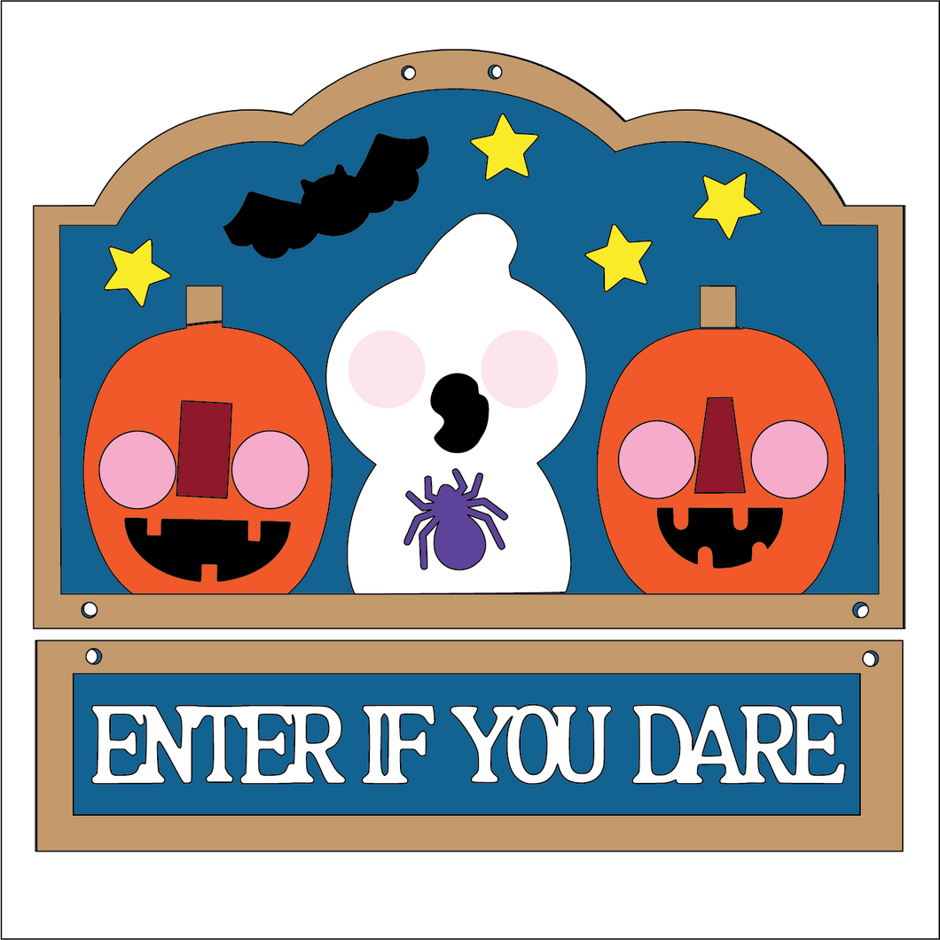 NO734 - MDF Large Primitive American Style Enter If Dare Halloween Hanging Plaque - Olifantjie - Wooden - MDF - Lasercut - Blank - Craft - Kit - Mixed Media - UK
