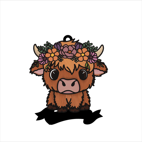 OL5938 - MDF Doodle Floral Animal / Character Optional Hanging & Banner  Bauble - Highland Cow