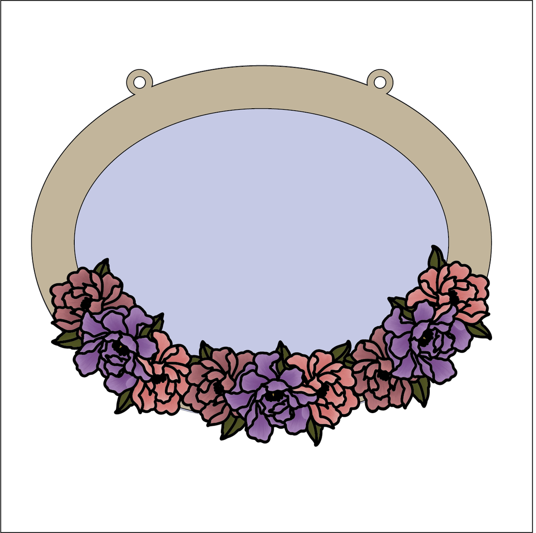 OV015 - MDF Oval Floral Flower Themed Photo Frame With Hanging - Style 2 - Olifantjie - Wooden - MDF - Lasercut - Blank - Craft - Kit - Mixed Media - UK