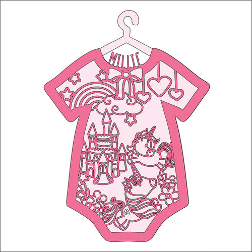 OL4421 - MDF Doodle layered personalised baby grow - Unicorn themed - Olifantjie - Wooden - MDF - Lasercut - Blank - Craft - Kit - Mixed Media - UK