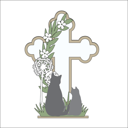 OL4920 - MDF and Acrylic Cross - Double Cat and Dandelion - Freestanding or Hanging/no holes - Acrylic white, or clear or MDF Cross - - Olifantjie - Wooden - MDF - Lasercut - Blank - Craft - Kit - Mixed Media - UK