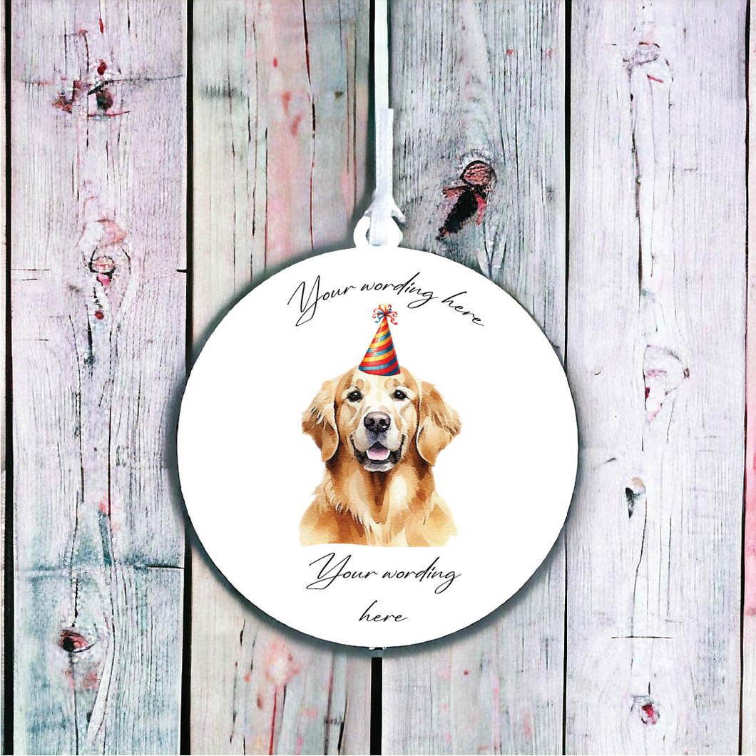 UV718 - Acrylic and UVDTF Personalised Round Hanging  - Dog Party Hat - 32 Golden Retriever - Olifantjie - Wooden - MDF - Lasercut - Blank - Craft - Kit - Mixed Media - UK