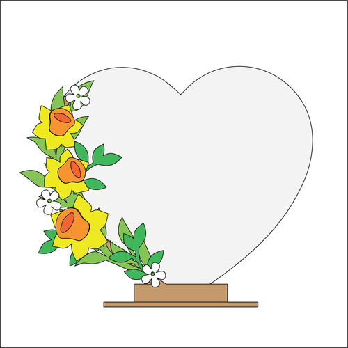 OL4342 - MDF Floral Heart - Freestanding or Hanging/no holes - Acrylic white, or clear or MDF Heart - Daffodil - Olifantjie - Wooden - MDF - Lasercut - Blank - Craft - Kit - Mixed Media - UK