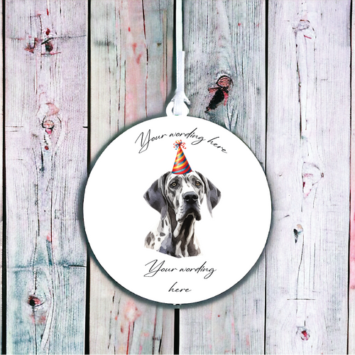 UV719 - Acrylic and UVDTF Personalised Round Hanging  - Dog Party Hat - 33 Great Dane - Olifantjie - Wooden - MDF - Lasercut - Blank - Craft - Kit - Mixed Media - UK