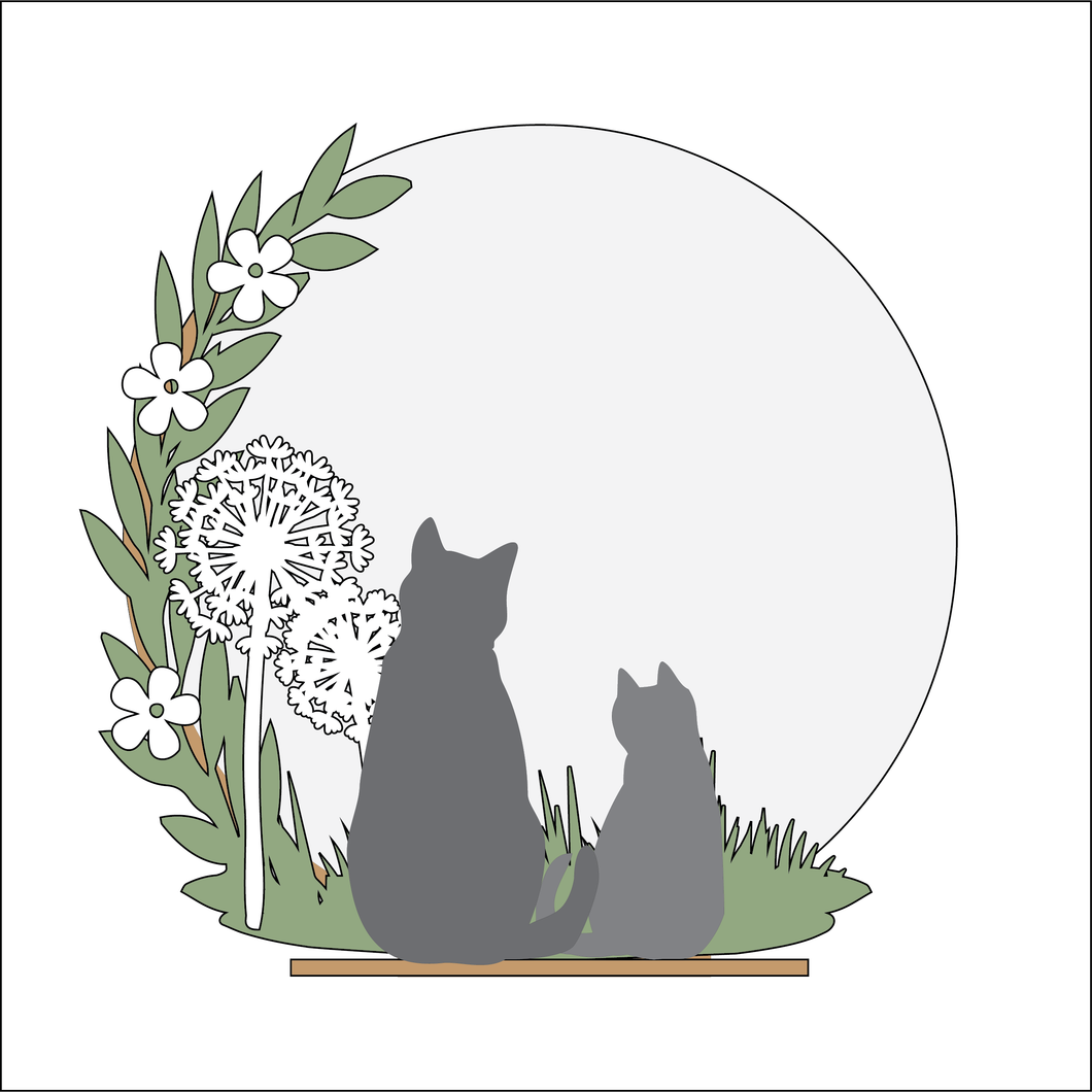 OL4906 - MDF Double Cat & Dandelion Themed Circle - Freestanding or Hanging/no holes - Acrylic white, or clear or MDF Circle - Olifantjie - Wooden - MDF - Lasercut - Blank - Craft - Kit - Mixed Media - UK