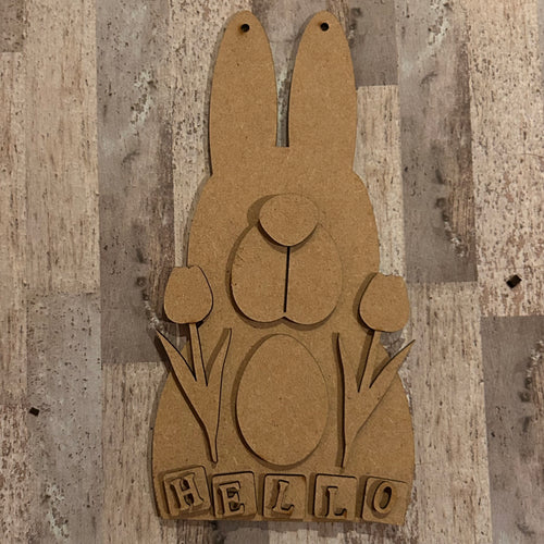 NO847 - MDF Easter Bunny Hello Tulips Hanging Plaque - 2 sizes - Olifantjie - Wooden - MDF - Lasercut - Blank - Craft - Kit - Mixed Media - UK