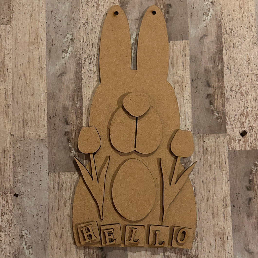 NO847 - MDF Easter Bunny Hello Tulips Hanging Plaque - 2 sizes - Olifantjie - Wooden - MDF - Lasercut - Blank - Craft - Kit - Mixed Media - UK