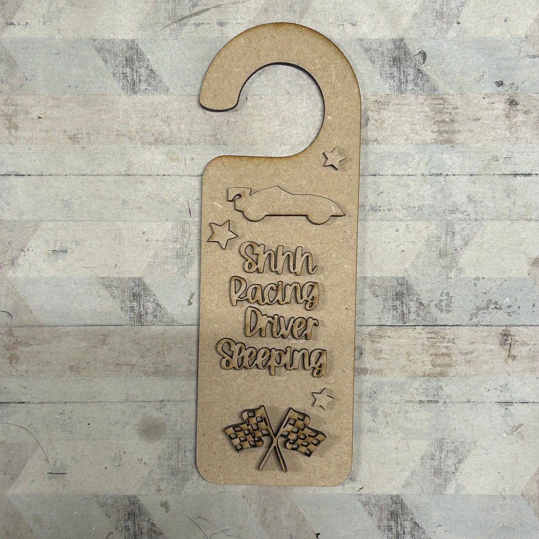 DH022 - Door Hanger - Shhh Racing Driver sleeping theme - Olifantjie - Wooden - MDF - Lasercut - Blank - Craft - Kit - Mixed Media - UK