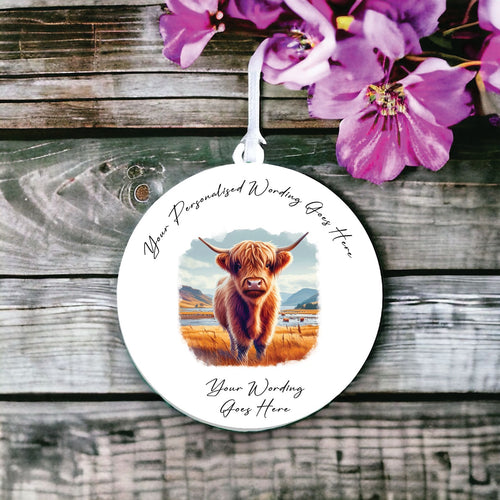 UV878 - Acrylic and UVDTF Personalised Round Hanging  - Highland Cow 12 - Olifantjie - Wooden - MDF - Lasercut - Blank - Craft - Kit - Mixed Media - UK