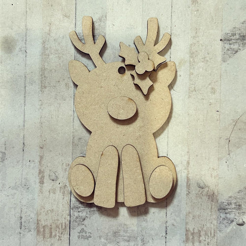 NO020 - MDF 2 Sizes  Simple Sitting Reindeer Hanging Bauble - Olifantjie - Wooden - MDF - Lasercut - Blank - Craft - Kit - Mixed Media - UK