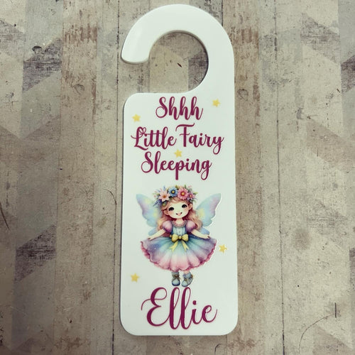 UV239 -  UVDTF Door Hanger Personalised decal with optional Acrylic Door Hanger - Shhh Little Fairy Sleeping - Olifantjie - Wooden - MDF - Lasercut - Blank - Craft - Kit - Mixed Media - UK