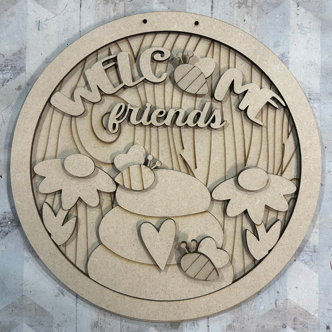 NO655 - MDF Large Bee Welcome Friends Round Hanging - Olifantjie - Wooden - MDF - Lasercut - Blank - Craft - Kit - Mixed Media - UK