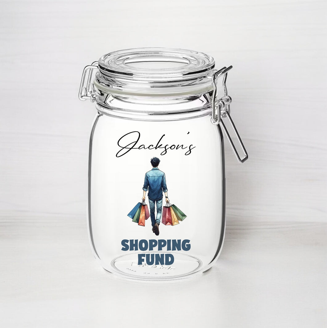 UV257 - Personalised Fund Jar UVDTF Decal - Male Shopping Fund - Olifantjie - Wooden - MDF - Lasercut - Blank - Craft - Kit - Mixed Media - UK