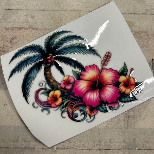 UV298 - UVDTF - Tattoo style Hibiscus and palm tree flowers - tropical theme - Olifantjie - Wooden - MDF - Lasercut - Blank - Craft - Kit - Mixed Media - UK