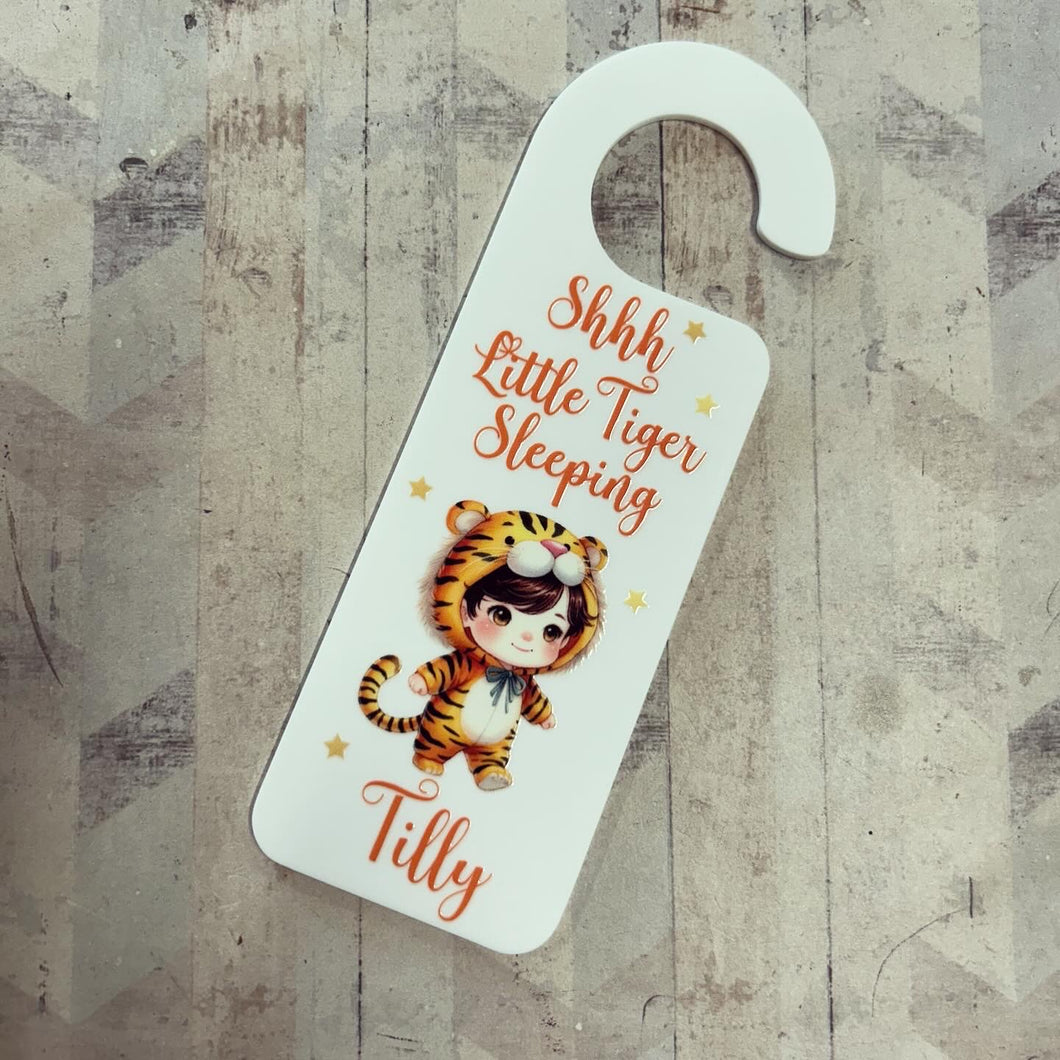 UV237 -  UVDTF Door Hanger Personalised decal with optional Acrylic Door Hanger - Shhh Little Tiger  Sleeping - Olifantjie - Wooden - MDF - Lasercut - Blank - Craft - Kit - Mixed Media - UK