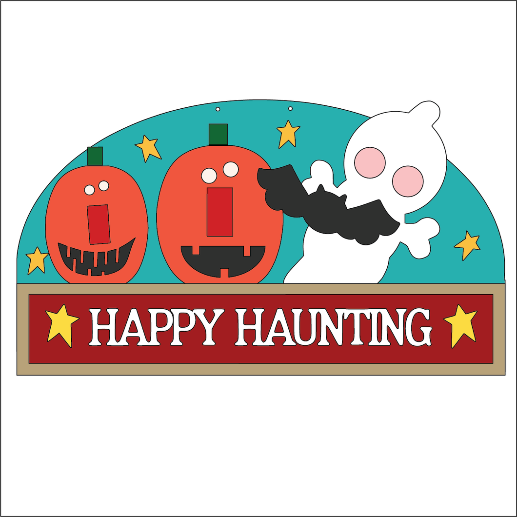 NO758 - MDF Large Happy Hauntings Ghost Pumpkin Hanging Plaque - Olifantjie - Wooden - MDF - Lasercut - Blank - Craft - Kit - Mixed Media - UK