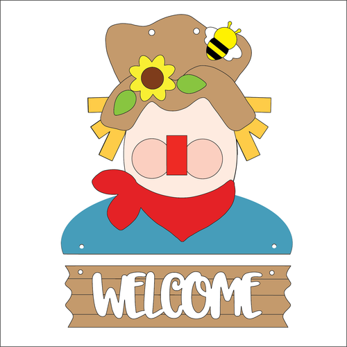 NO177 - MDF Autumn Halloween Welcome Scarecrow Hanging Sign Large - Olifantjie - Wooden - MDF - Lasercut - Blank - Craft - Kit - Mixed Media - UK