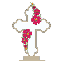 OL4636 - MDF and Acrylic Cross - Freestanding or Hanging/no holes - Acrylic white, or clear or MDF Cross - Folk Flowers - Olifantjie - Wooden - MDF - Lasercut - Blank - Craft - Kit - Mixed Media - UK