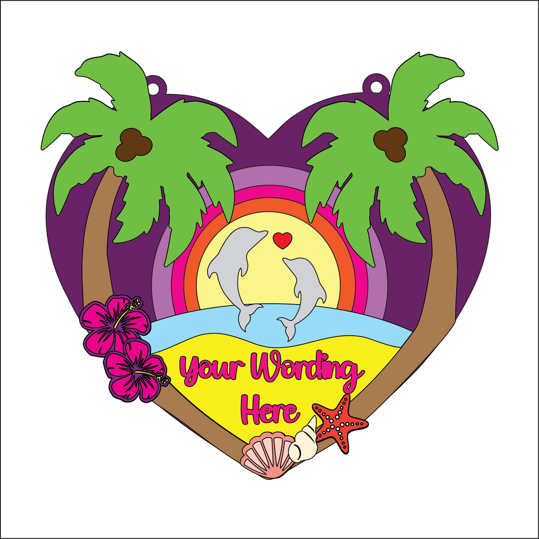 OL5184 - MDF Heart Personalised Beach Tropical Scene - Olifantjie - Wooden - MDF - Lasercut - Blank - Craft - Kit - Mixed Media - UK