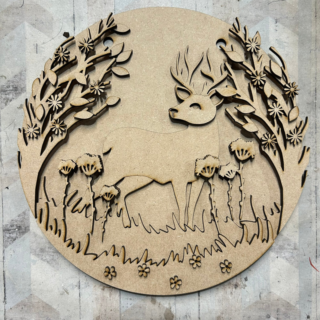 OL6080 - Large Circle Forest Stag Scene Plaque - Olifantjie - Wooden - MDF - Lasercut - Blank - Craft - Kit - Mixed Media - UK