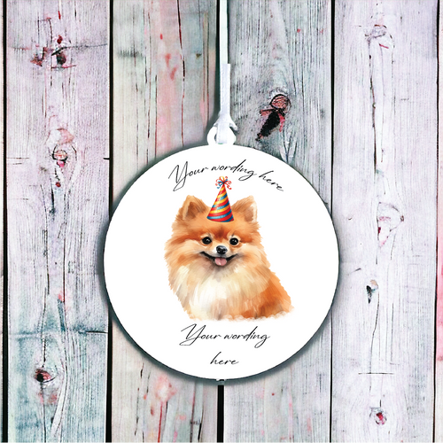 UV729 - Acrylic and UVDTF Personalised Round Hanging  - Dog Party Hat - 43 Pomeranian - Olifantjie - Wooden - MDF - Lasercut - Blank - Craft - Kit - Mixed Media - UK