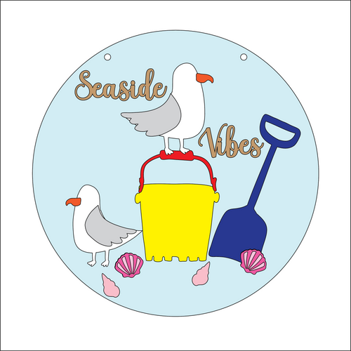 OL5182 - MDF Personalised Seaside Beach Seagull Scene - Round Plaque - Olifantjie - Wooden - MDF - Lasercut - Blank - Craft - Kit - Mixed Media - UK